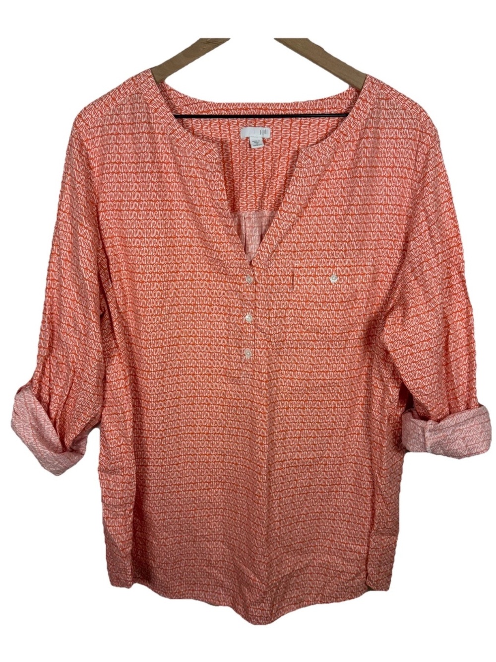 Sold J. Jill Roll Tab V Neck Cotton Blouse Orange White Peppers Size 2X Plus